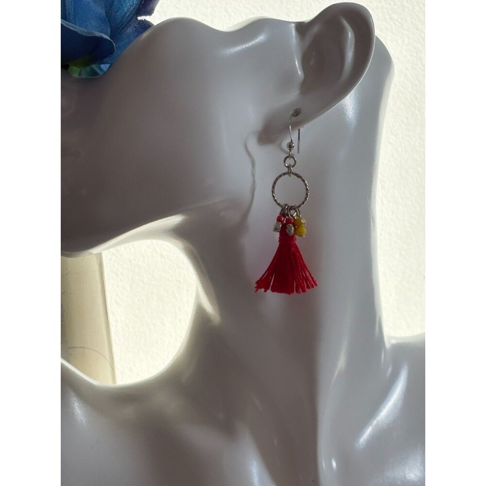 Red & Yellow Silver-Tone Fringe Tassel Earrings NWT 2.5"